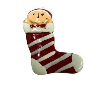Vintage Santa Christmas Stocking Enamel Brooch Pin Red White Stripe Gold Accents